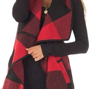 Yacan Red and Black Plaid Open Front Vest